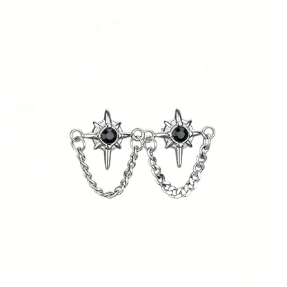Unisex gothic star chain stud earrings featuring a black center stone, crafted from 316L stainless steel.