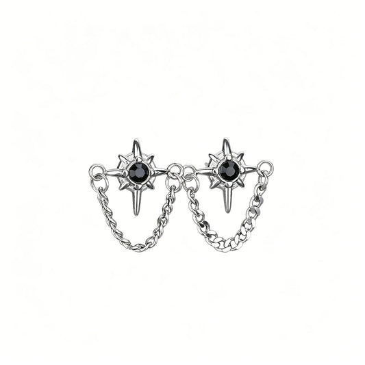 Unisex gothic star chain stud earrings featuring a black center stone, crafted from 316L stainless steel.