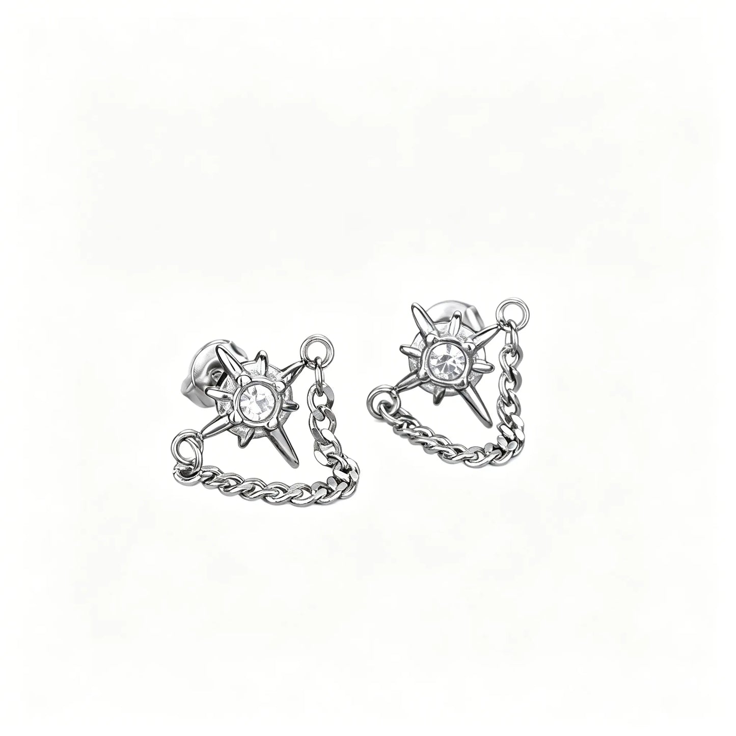 Unisex gothic star chain stud earrings featuring a clear center stone, crafted from 316L stainless steel.