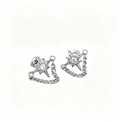 Unisex gothic star chain stud earrings featuring a clear center stone, crafted from 316L stainless steel.