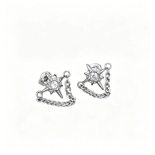 Unisex gothic star chain stud earrings featuring a clear center stone, crafted from 316L stainless steel.