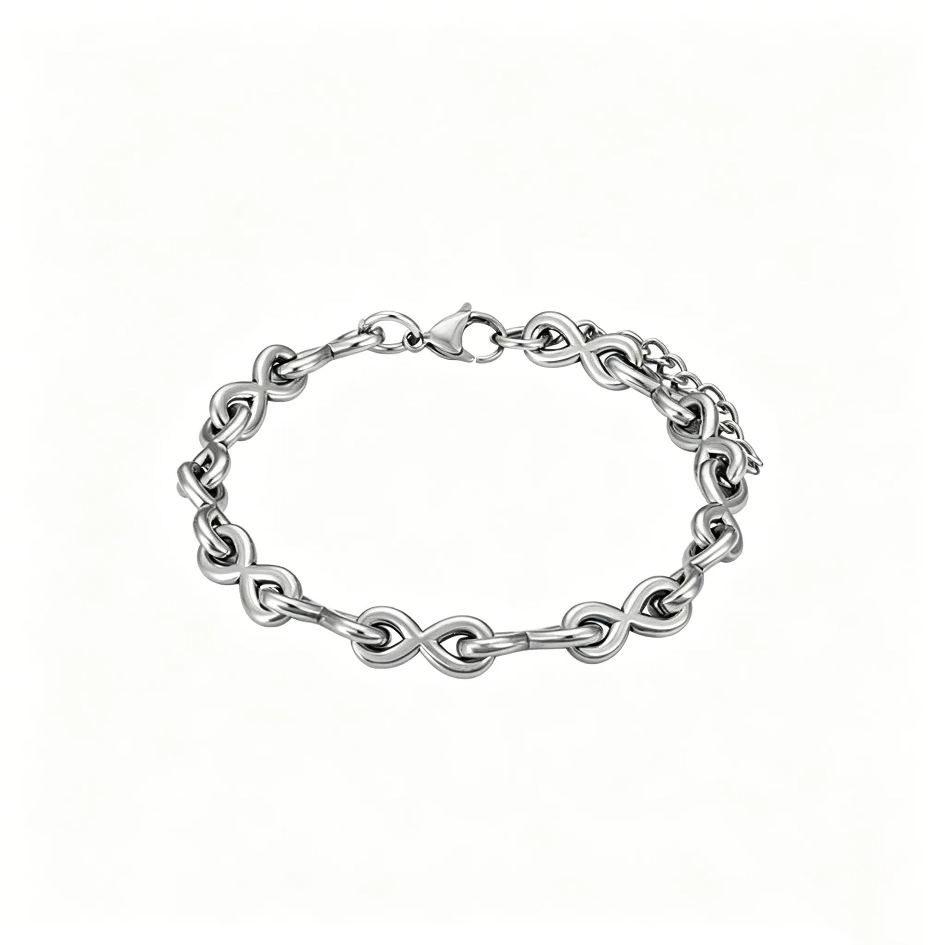 Infinity link stainless steel bracelet with polished silver finish and adjustable lobster clasp.