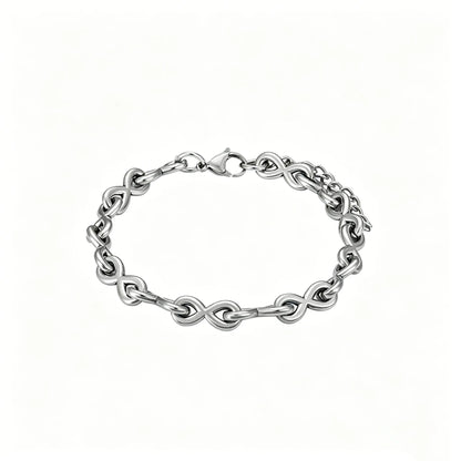 Infinity link stainless steel bracelet with polished silver finish and adjustable lobster clasp.