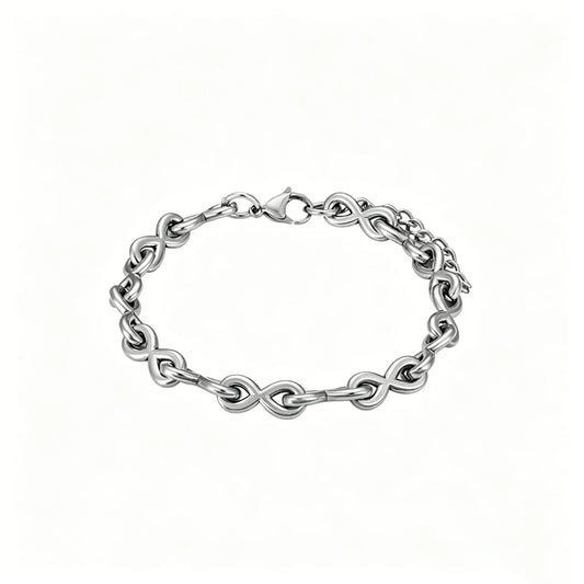 Infinity link stainless steel bracelet with polished silver finish and adjustable lobster clasp.