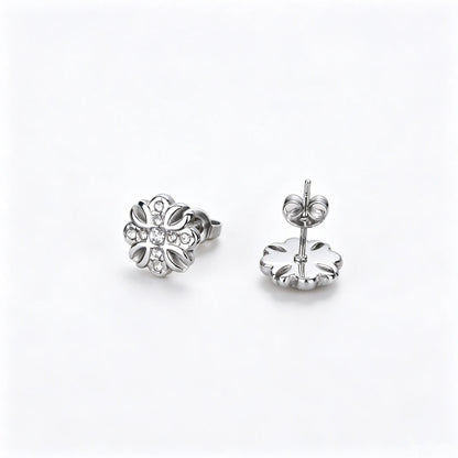 Silver-tone unisex floral stud earrings made of 316L stainless steel with zirconia accents.