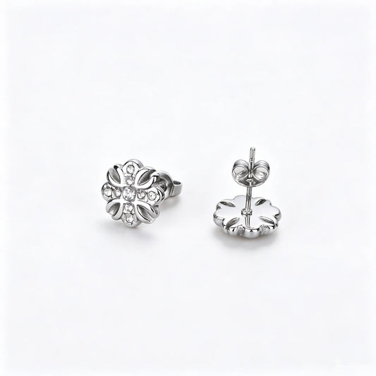 Silver-tone unisex floral stud earrings made of 316L stainless steel with zirconia accents.