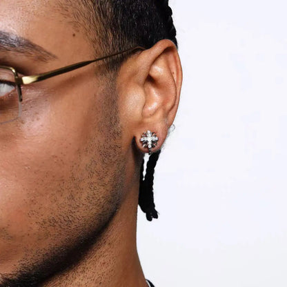 Silver-tone unisex floral stud earrings made of 316L stainless steel with zirconia accents.