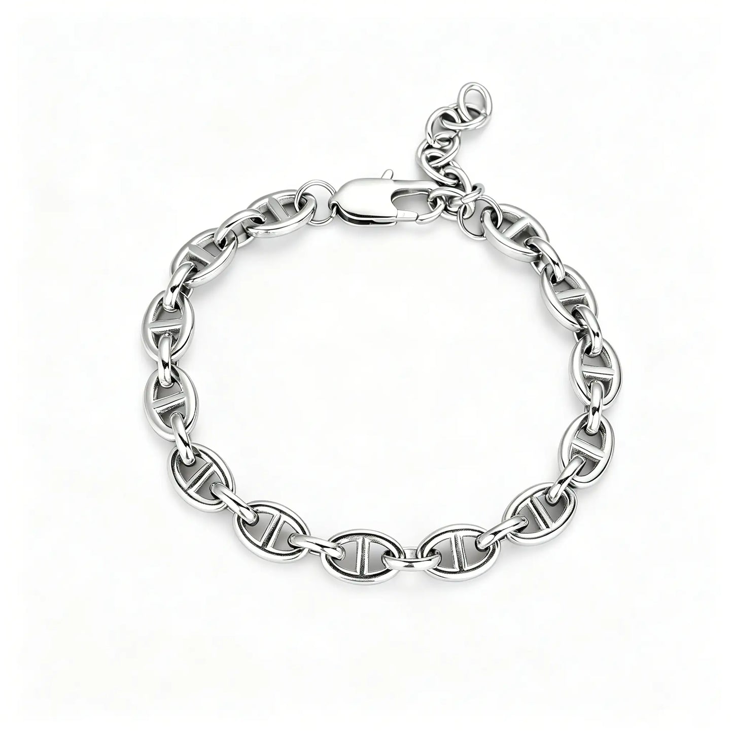 Silver stainless steel oval link chain bracelet with lobster clasp and adjustable extension chain on a white background.