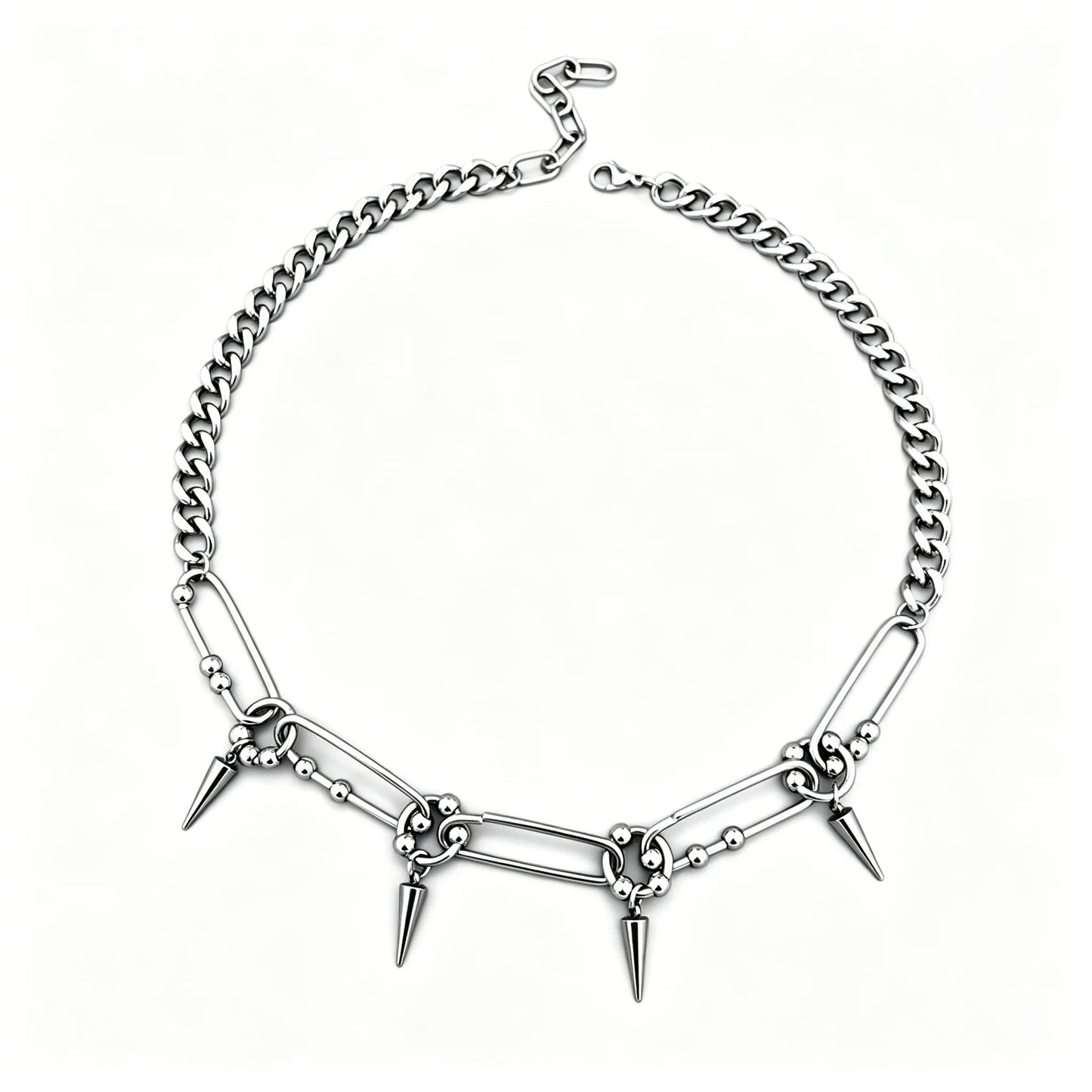 Stainless steel spike link chain choker necklace with polished silver finish and hanging spike accents.