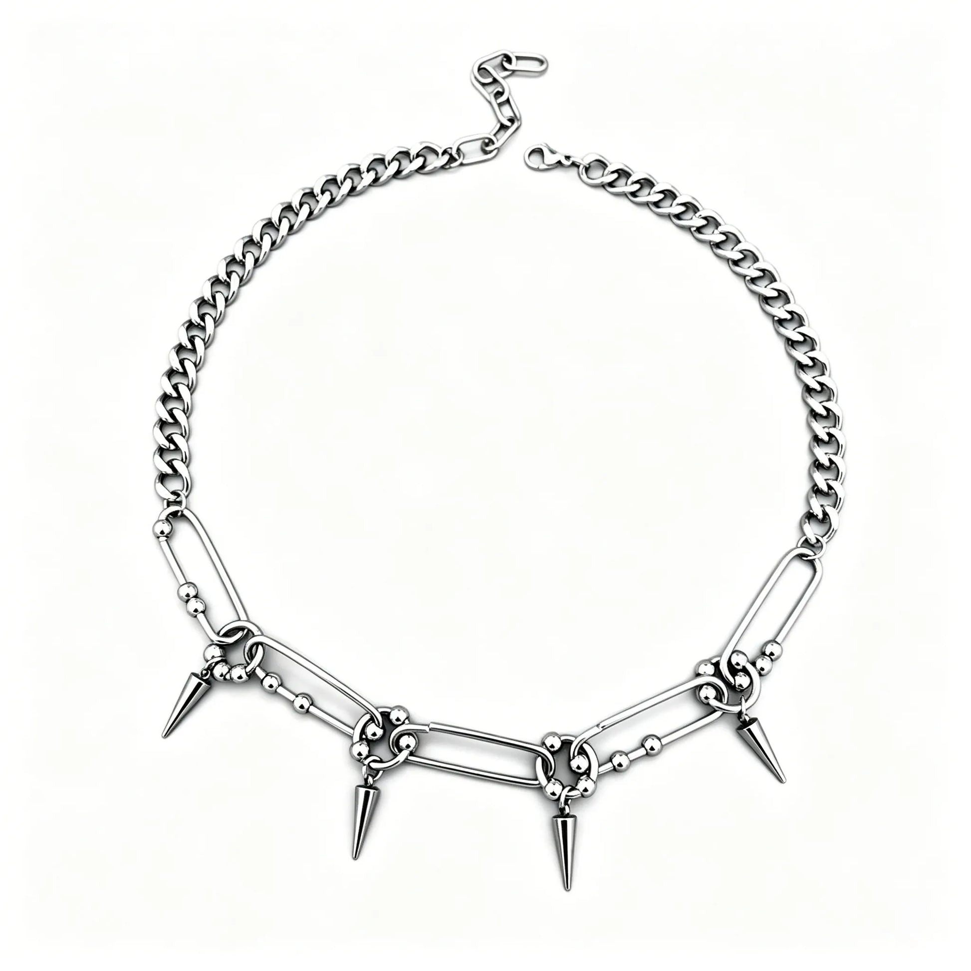 Stainless steel spike link chain choker necklace with polished silver finish and hanging spike accents.