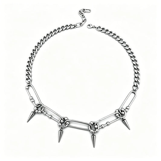 Stainless steel spike link chain choker necklace with polished silver finish and hanging spike accents.